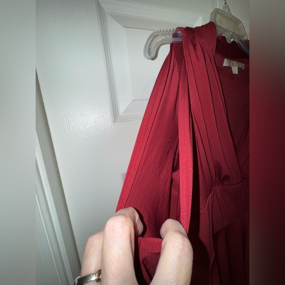 BOSTON PROPER Burgundy V-Neck Cold Shoulder Fit Fare Peplum Blouse Size M GUC - Picture 3 of 13